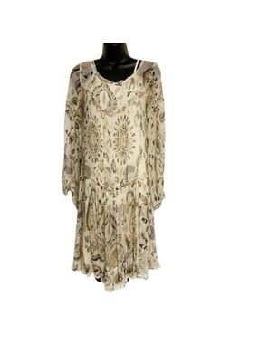 Ambre Babzoe Luxury Boho 100% Silk Neutral Beige Cream Paisley Dress 36 XS S 2 4